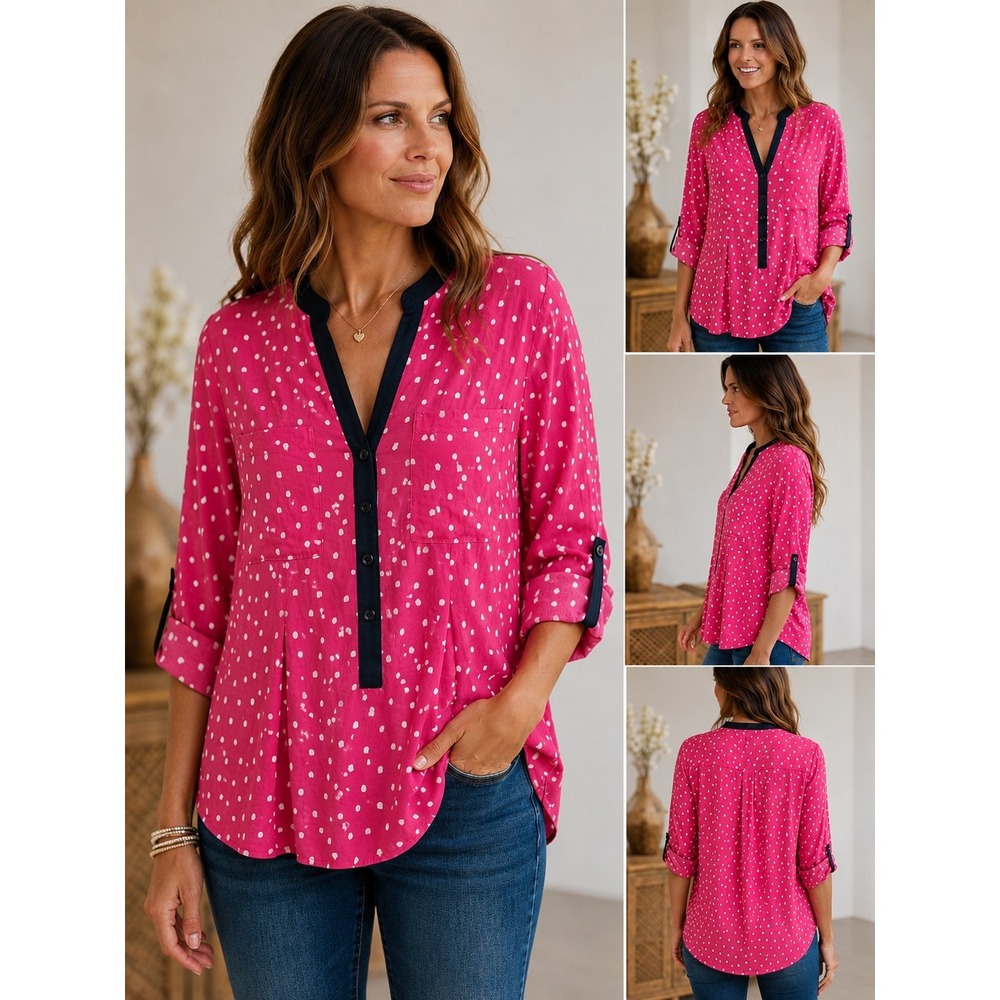 Anthropologie Vanessa Virginia Pink W Polka Dot Roll Tab Blouse Women's Size 10